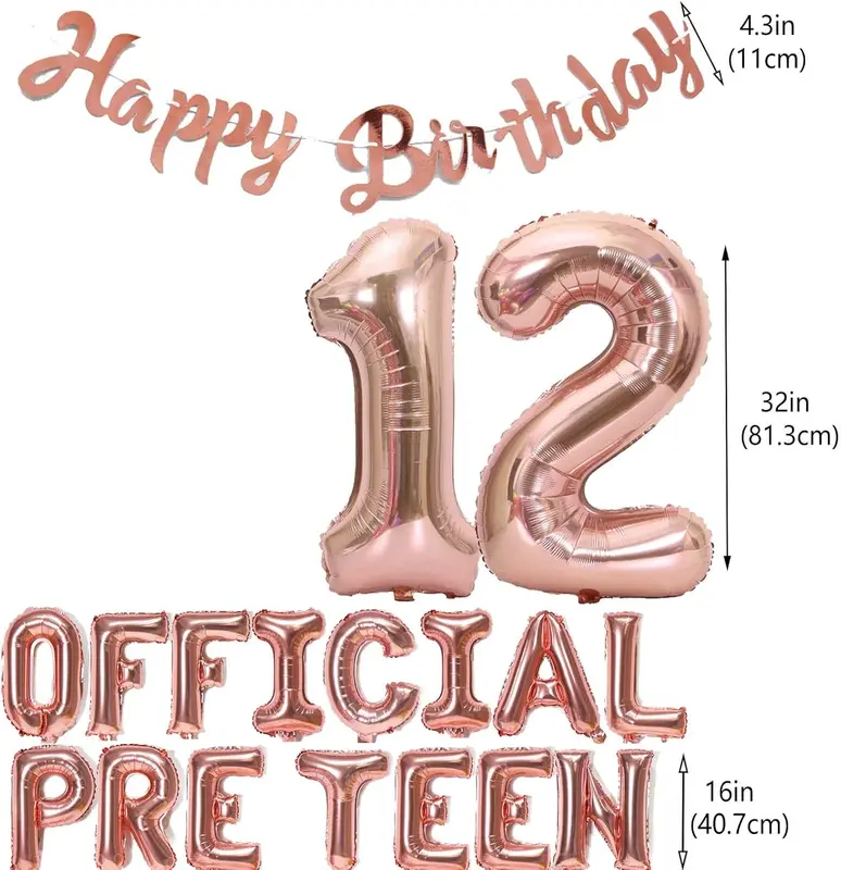 12th Birthday Decorations for Girls, Official Pre-Teen 12th Birthday Balloon Happy 12th Birthday Banner Number 12 Foil Balloons for 12 Years Old Birthday Anniversary Supplies Girls(Rose gold) 2