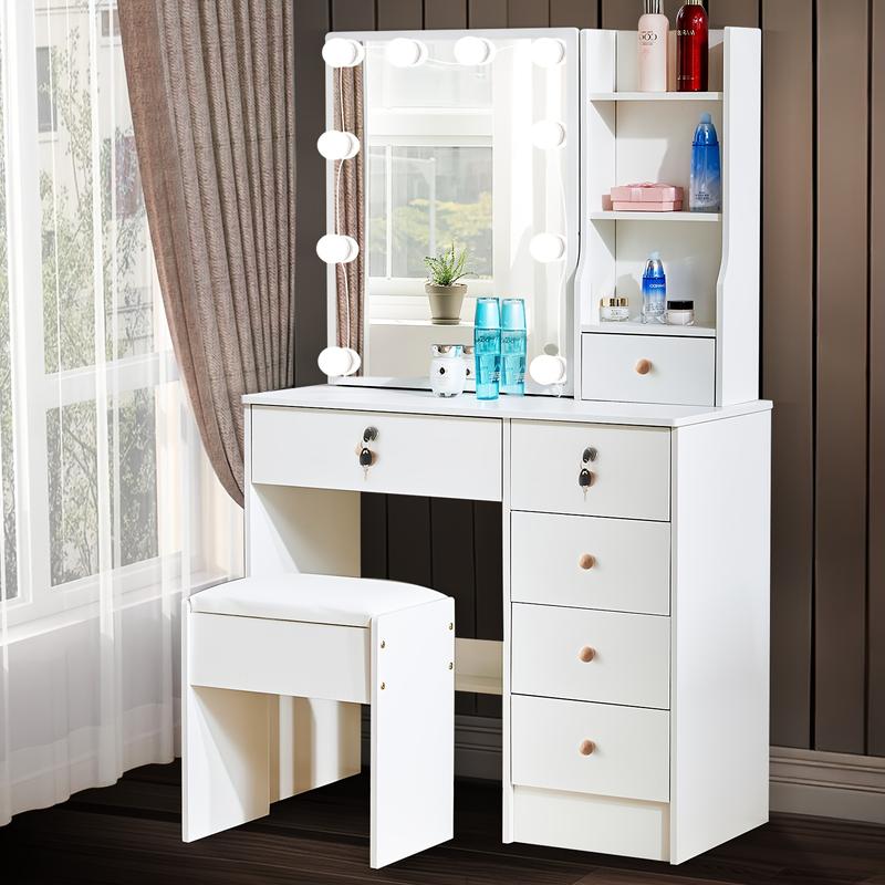 Elegant White Wooden Vanity Set with LED Lights, Sliding Mirror, and Drawers - USB Powered Makeup Desk Organizer for Beauty Salons, Vanity Organizer|Sleek White Design|Functional Beauty Station, Vanity Accessories 2