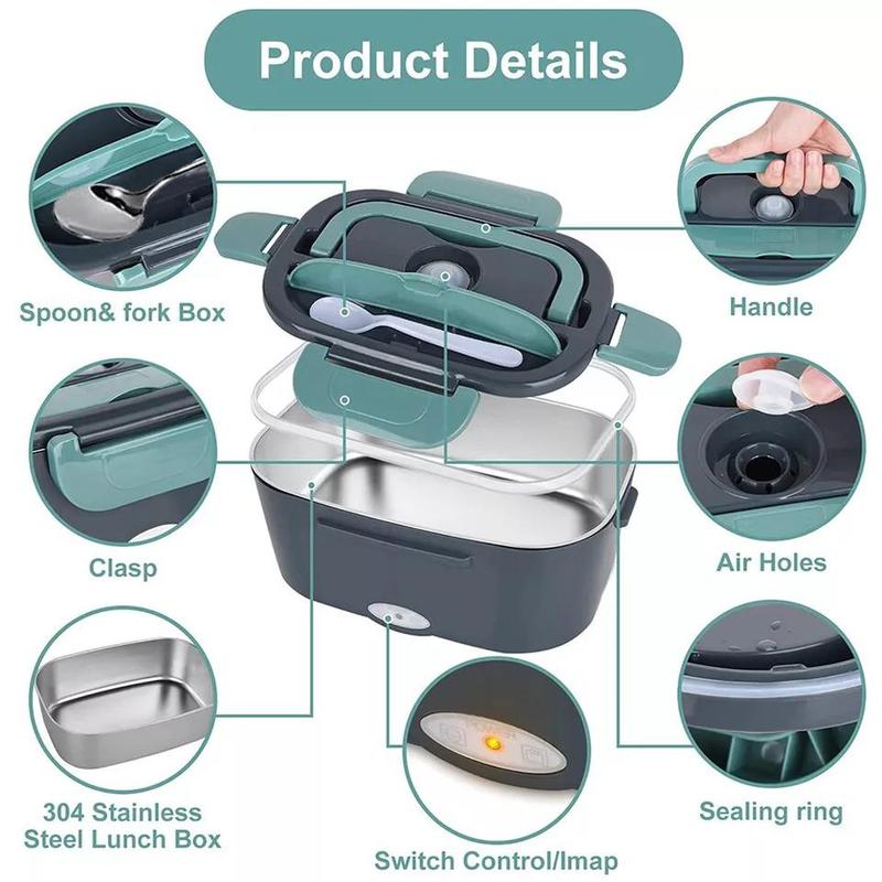Product Introduction of 【48H Delivery 】Electric Lunch Box adults - 60W Portable Food Warmer - 1.5L SS Food Containers Hot Lunch Box Food Heater - Leakproof Lunchbox for Home & Office - 220V/12V/24V Thermal lunch Box Electric for Hot Food - Self Heating Lunch Box for Adults 7