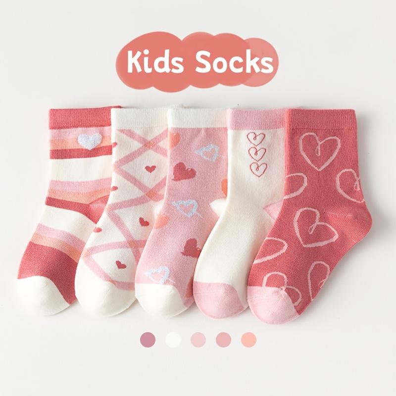 5 Pairs Girls Socks Set, Sweet Hearts And Stripes Print Crew Socks For Youth Kids 1