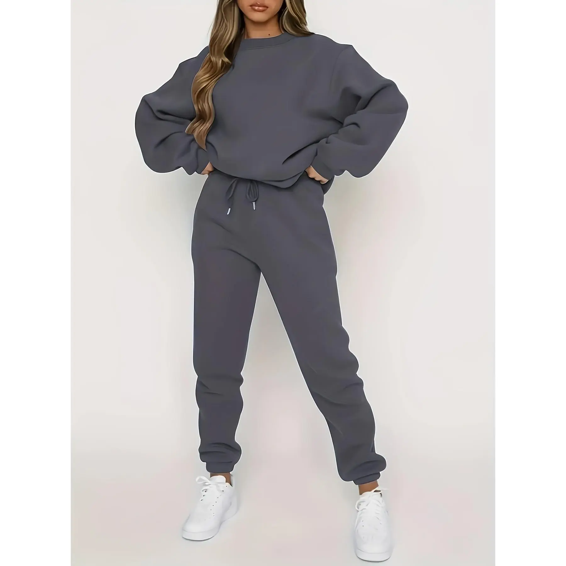 Solid Color Simple Casual Pants Set, Crew Neck Long Sleeve Sweatshirt & Drawstring Pants Outfits, Women's Clothing