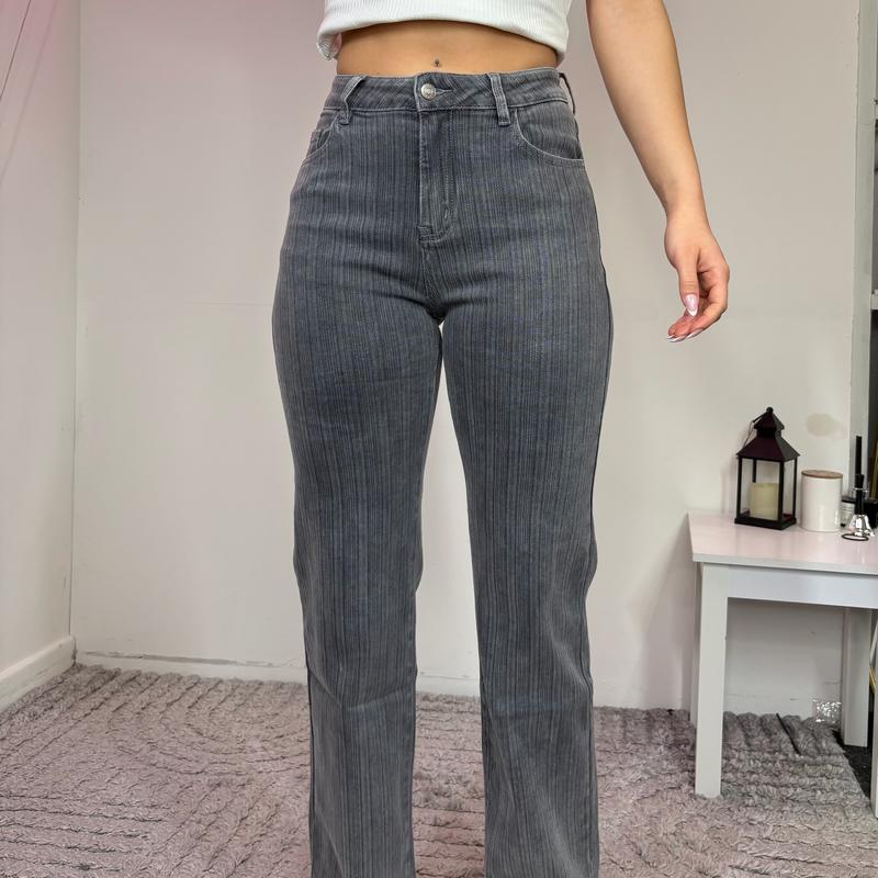 [HouseOfTrendz] HOLLY Straight Leg Corduroy Effect Denim Jeans 31" Inside Leg - Dad Fit High Waisted Denim Super Stretch Comfortable Girls  jeans Casual Striped 4