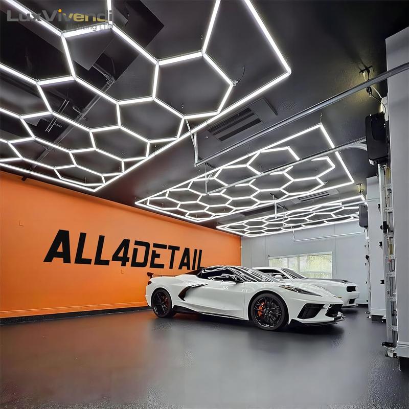 LuxVivend-Hexagon garage Light 6500K 680W 14grid Workshop Autoshop with White Border for Gym Garage Basement Warehouse Car Detailing Shop 7