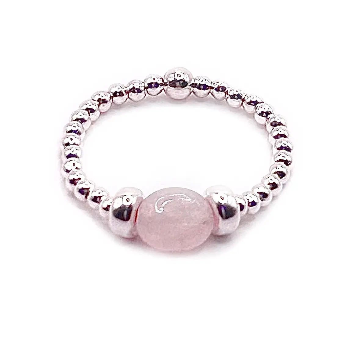 Rose Quartz Pebble Ring. Beaded Stretch Ring. 925 Sterling Silver