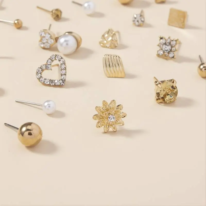 30 Pairs x Alloy Full Rhinestones Love Round Faux Pearl Letter Stud Earrings Set 5