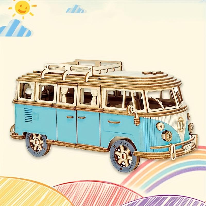 Blue And Red Wooden Puzzle Camping Car, Wooden Car Model, Assembled 3d Three-dimensional Building Block Toys, Educational Toys, Car Series Halloween, Christmas Gift 2