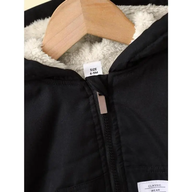 【2025】Baby's Pocket Zipper Thermal Lined Hooded Jacket, Letter Patched Long Sleeve Outerwear, Casual Warm Outerwear for Infant Toddler Kids, Cozy Winter Outfits for Kids Children, Comfort Winter Clothes 1