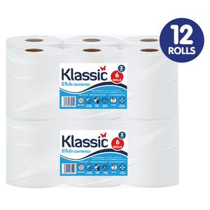 Klassic White Centrefeed 12 Rolls - 2 ply Laminated Embossed Wiping Tissue Cleaning Roll Home, Toilet and Office - 300 sheets per Roll, Sheet width 166mm - 2 packs of 6 Rolls