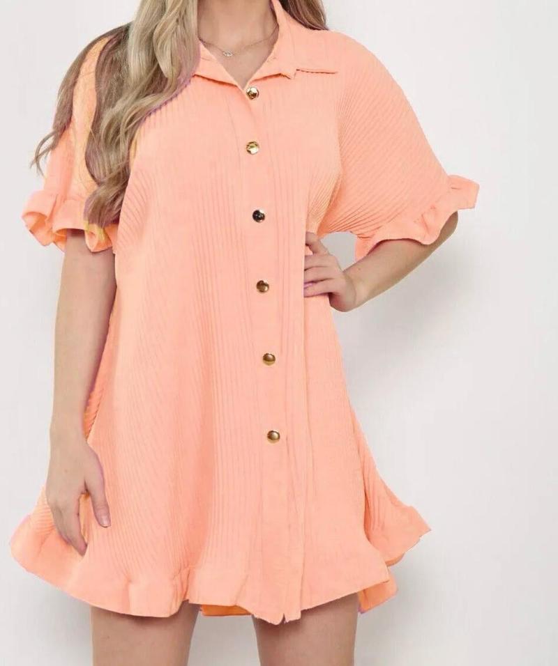 Product Introduction of Women’s Ladies Gold Button Pleated Frill Summer Shirt Swing Mini Dress Viral TikTok Top Casual Fabric 12