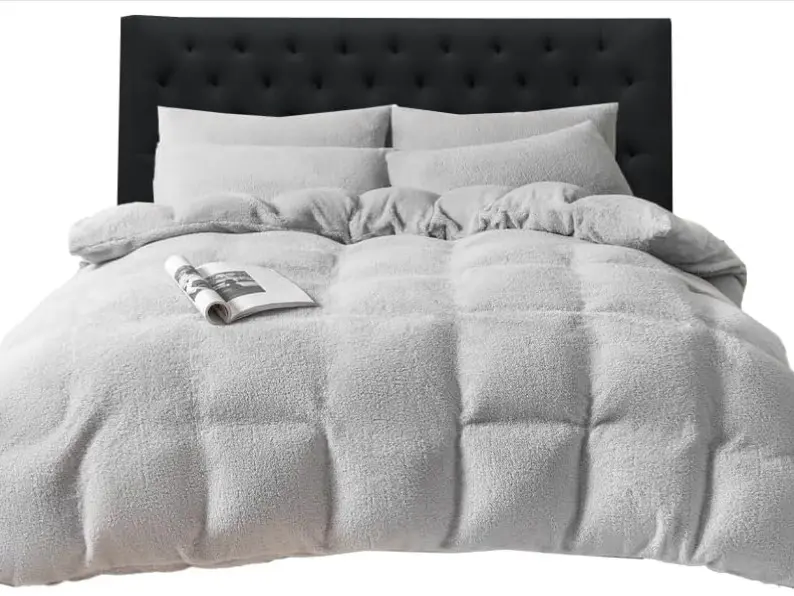 Ferry Homeware Teddy Fleece Duvet Set, Fluffy Fleece Bedding Duvet Cover Sets, Warm Luxury Super Soft Double Duvet Set with Pillow Cases, 100% Polyester Teddy Bear Bedding (Silver Grey) Machine Wash Stripes 5