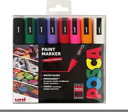 Posca PC-5M Water Based Permanent Marker Paint Pens.Multi Surface Use On Wood Metal Paper Canvas Cardboard Glass Fabric Ceramic Rock Stone Pebble Porcelain. Set of 8