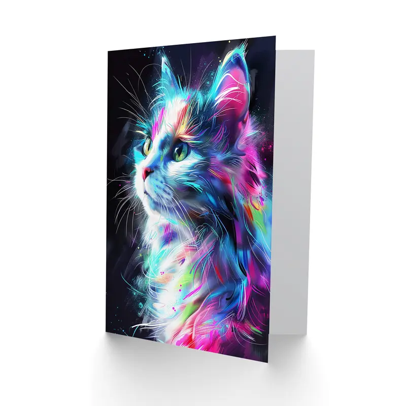 Birthday Card Colourful Neon Kitty Portrait Cat Lover Greeting Card 1