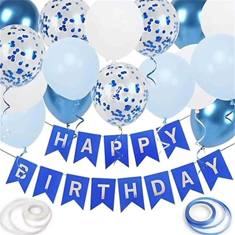 Happy Birthday Banner, Blue Birthday Decoration, 16 Pcs 12in Happy Birthday Balloons with 2 Ribbons for Boys and Men Any Ages Birthday Party Decoration