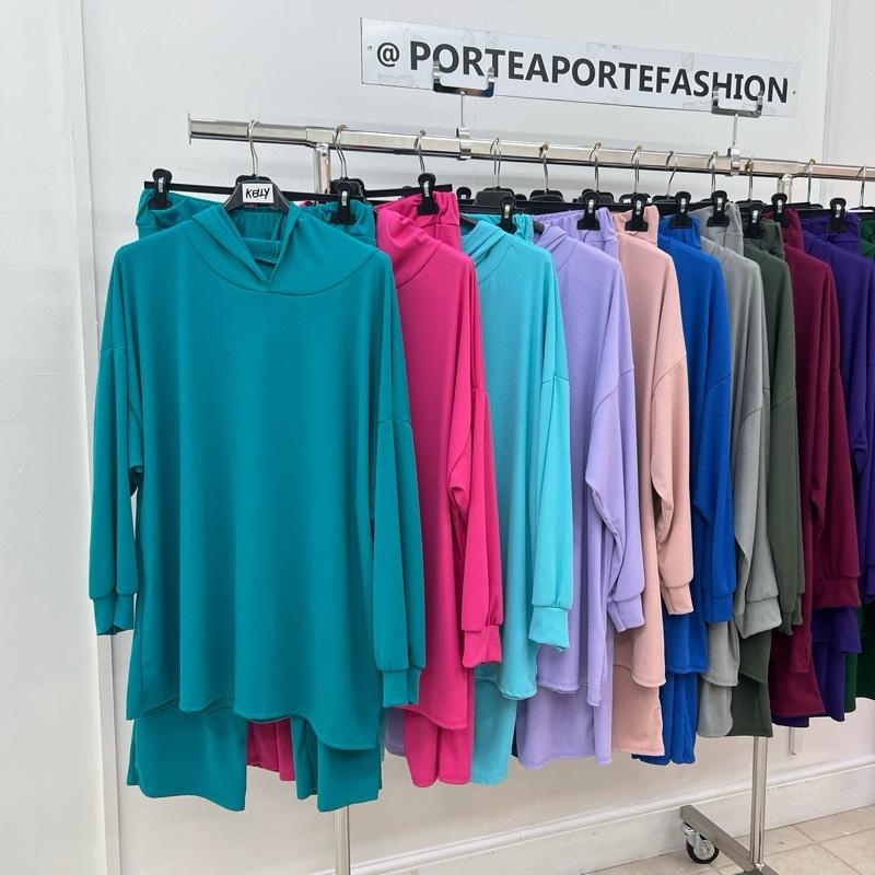 (KELLY) PORTEAPORTE FASHION - Long Sleeve  Woman’s Fashion Clothing - PLUS SIZE Lightweight Ribbed Spring Hoodie and Joggers Loungewear Suit - 10-26 Womenswear Comfortable Matching 2