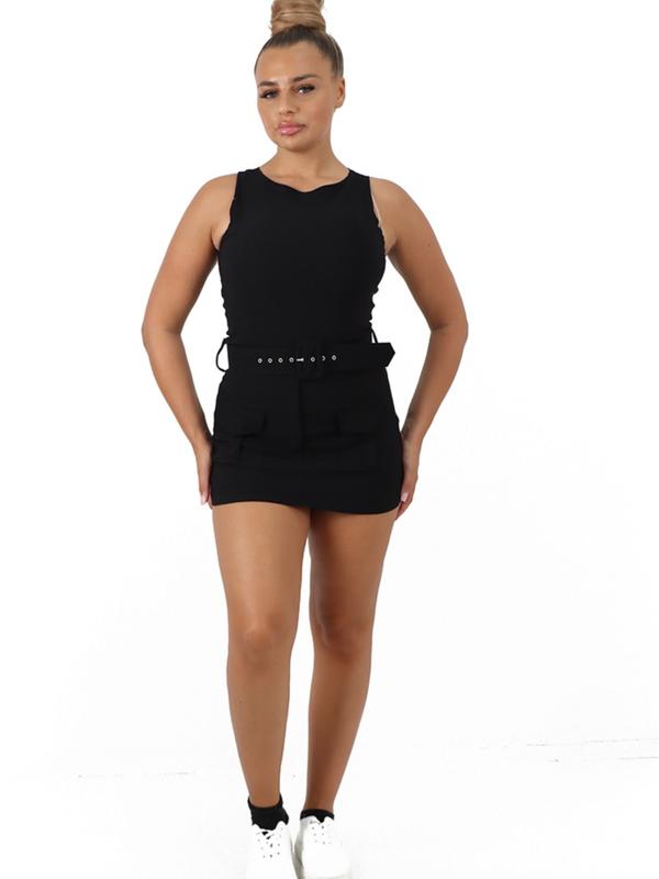 Womens Belted  Ladies Combat Cargo Pocket Round Neck Sleeveless Playsuit Skort Set Sizes S-2XL Bodycon Fit Skirt Womenswear Adjustable Clothing Chic Crew Neck Day Evening Medium Overall Underwear Lady Basic Comfort Casual Dresse Gamis Underwear Gowns 3
