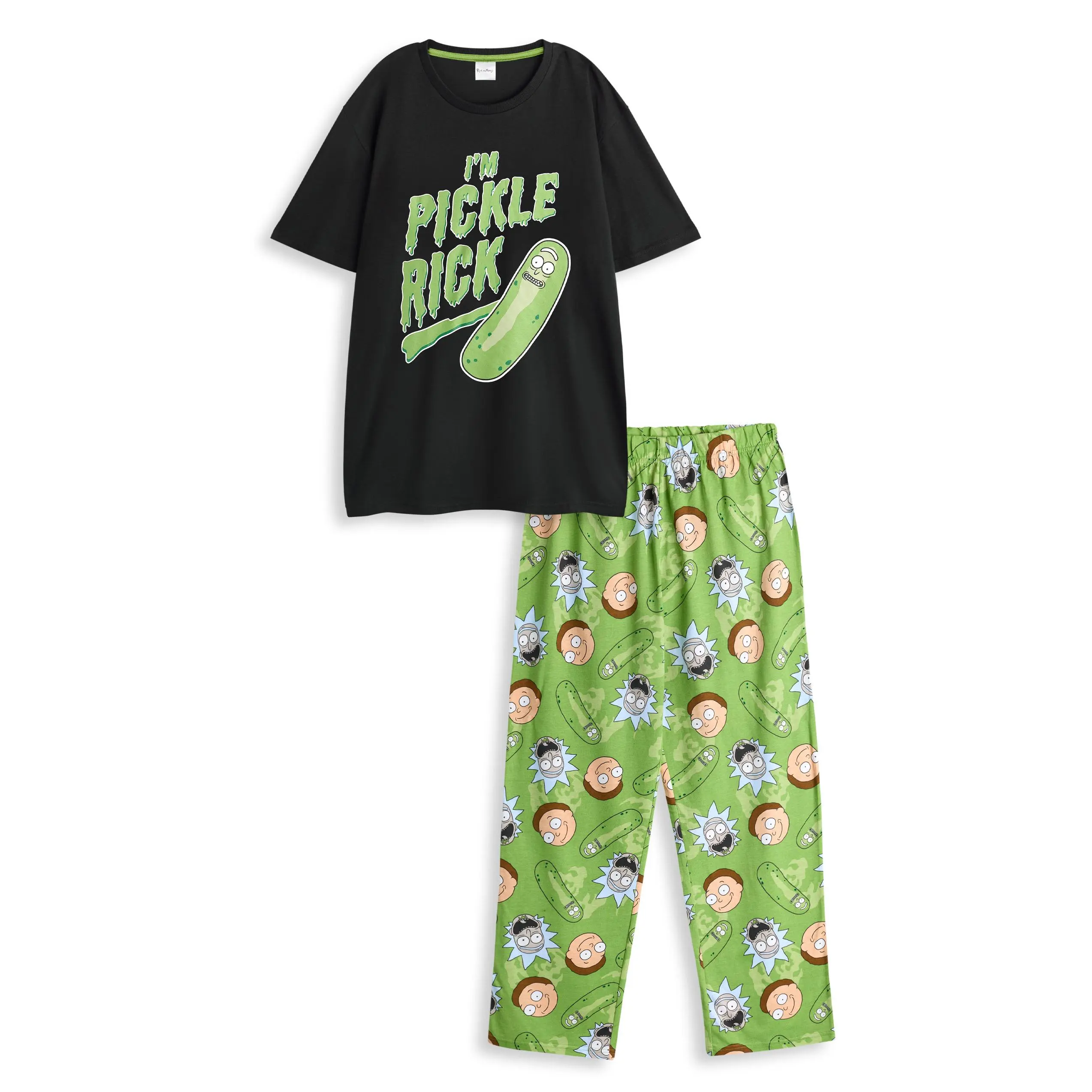 Vanilla Underground x Rick And Morty Mens Multicoloured Pickle Rick Short Sleeve Long Leg Pyjama Set
