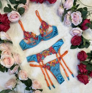 LILIOSA LINGERIE 2025 Spring Summer 3 Piece High Quality Fabric Blue and Orange Floral Embroidered Satin Lingerie Set-(Bra - clasp + Garter - clasp + Pants - adjustable) Comfortable Everyday Underwear Womenswear, Sexy Lingerie Style, Multicolor Fit Day