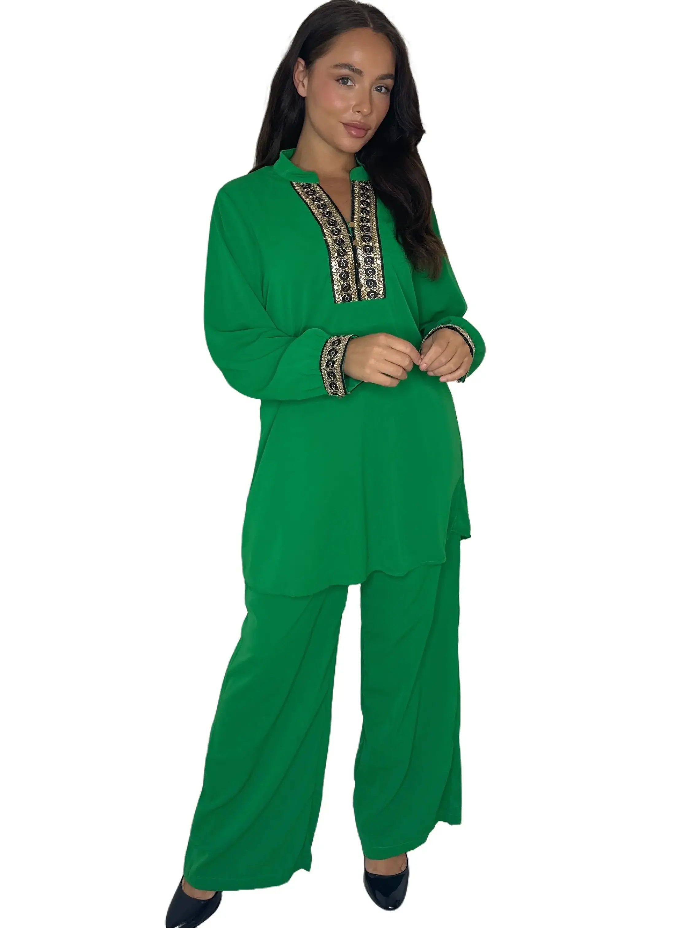 Mock Embroidered V-Cut Neck Button Tunic And Wide Leg Trousers Traditional Clothing Coord Set Comfort Outfit