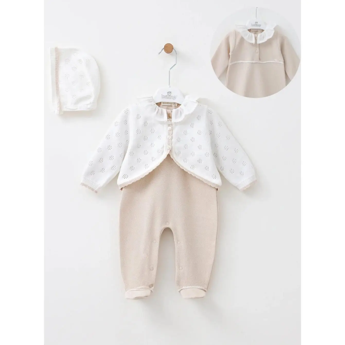 Girls Beige Onesie with White Cardigan and Matching Bonnet