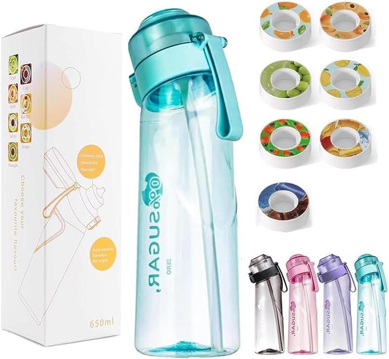 Air Water Bottle with 7 Flavour Pods Pack, 650ml Leak Proof Drinking Bottle BPA Free Sports Water Bottle with Fruit Scented Taste Pods for Fitness Outdoor Cup Drinkware Grape Lid Matte Mug Tumblers Portable Bottled Washable Reusable 1