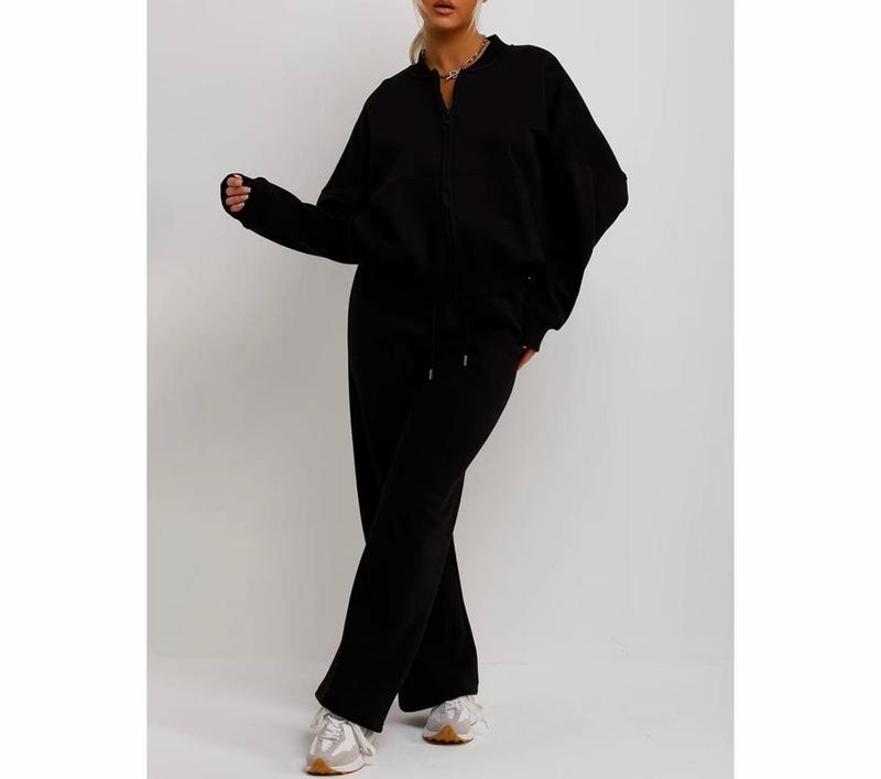 Bomber Sweatshirt With Zip And Joggers Loungewear Set Black Womenswear 1
