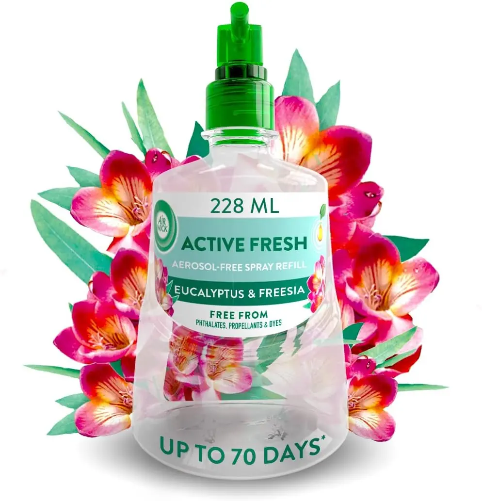 Aerosol-Free Automatic Air Freshener Spray Refill, Eucalyptus & Freesia, 228ml, 24x7 Active Fresh Odour Neutraliser, Lasts Up to 70 Days, For Home