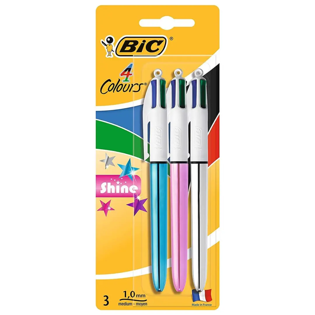 4 Colours Shine Pens, Multicoloured Pen, Retractable Ballpoint Pens, Biro Pens, Medium 1.0mm, Green, Blue, Black, Red, 3 Pens Per Pack, 1 Pack