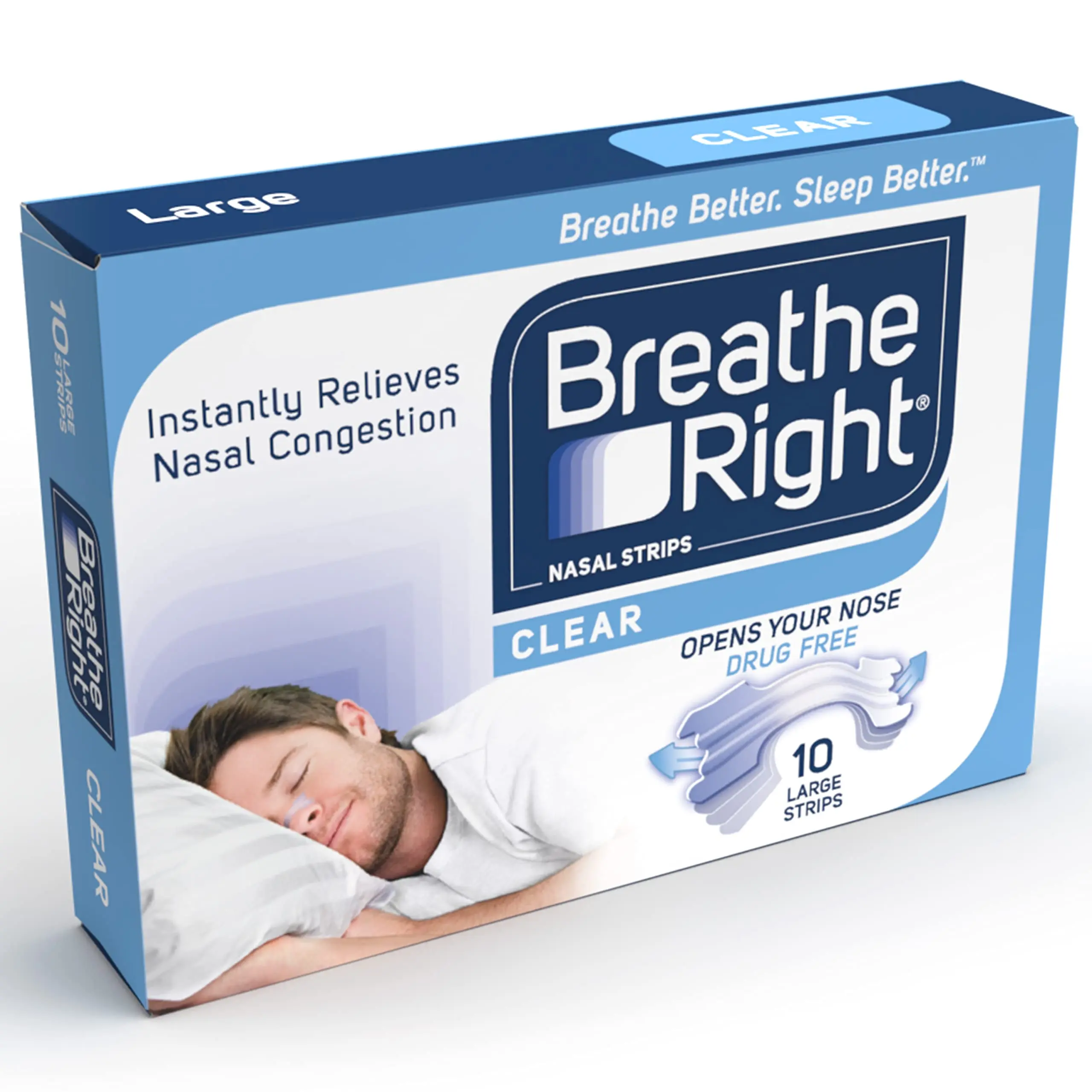 Breathe Right Nasal Strips Clear Large 10s | Instantly Relieves Nasal Congestion | Helps Reduce Snoring | Drug-free