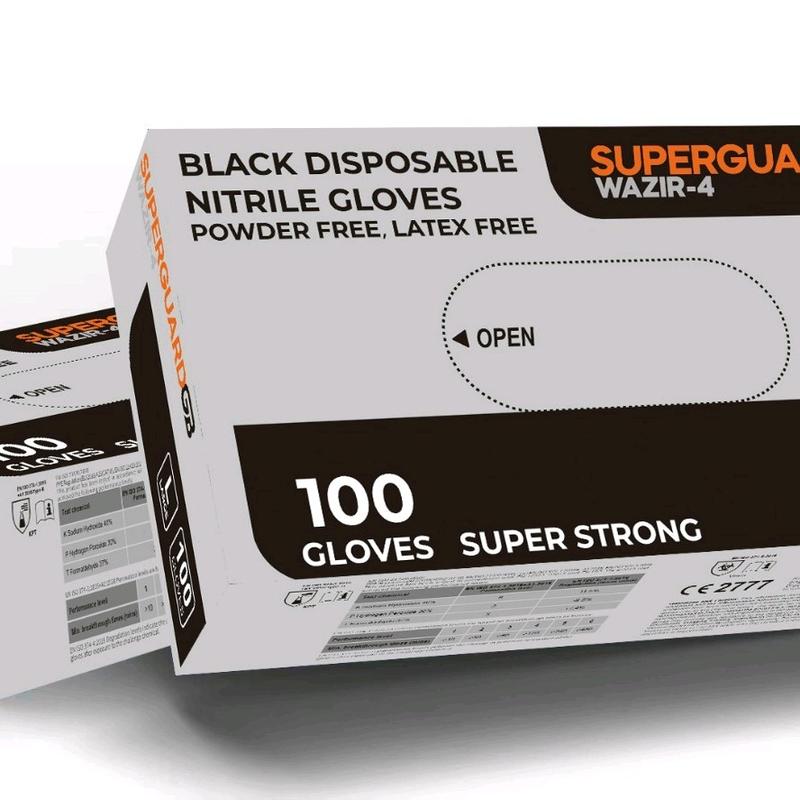 Superguard GB Black Disposable Heavy Duty Nitrile Wazir-4 Gloves Box Of 100 AQL 1.5 Cleaning Home Garage Tattoo Garden Kitchen Cover Industrial Engineeering Rubber Meachanic Painting Household 5