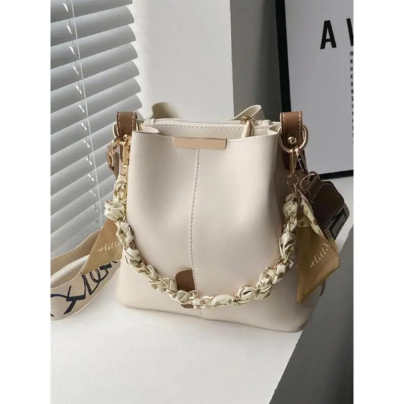 2025 new model Spring Chain Decorated Bucket Bag for Women, Solid Color Crossbody Bag with Silk Scarf, Minimalist Wide Strap Lux Bag for Women's Work & Daily Use Mother's Day Gift 4