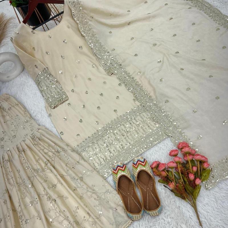 Pre order Off white sharara suit. Indian designer punjabi suit. Beautiful Wear Salwar Suit With Dupatta Readymade Stylish Sharara Set, Diwali Gift for Her 7