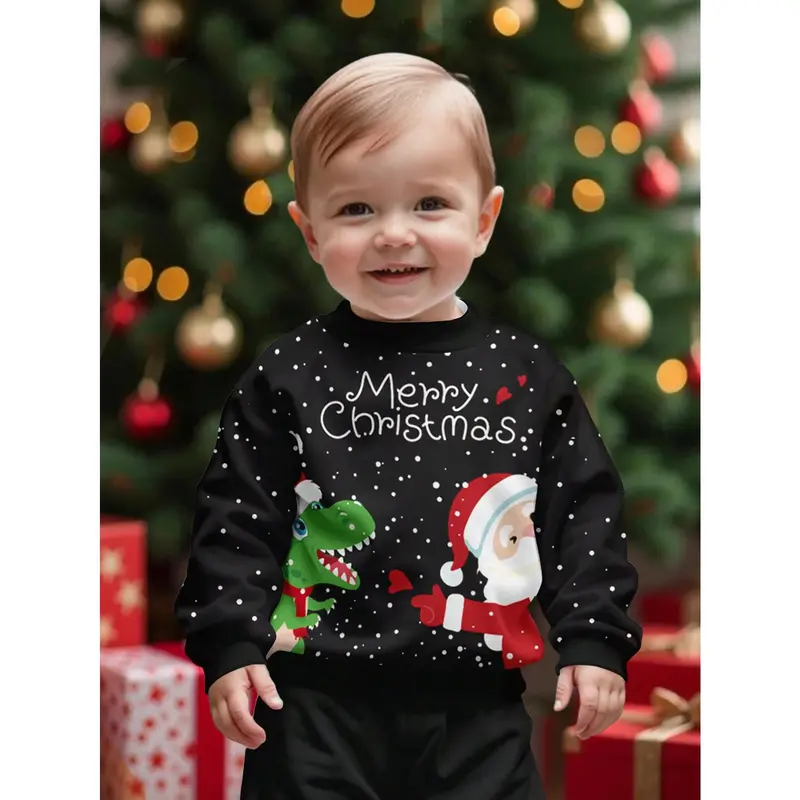 Merry Christmas, Santa Claus, Dinosaur Print Casual Loose Fit Crew Neck Soft Knit Pullover Sweatshirt, Suitable For Baby Boy In Autumn/Winter 1