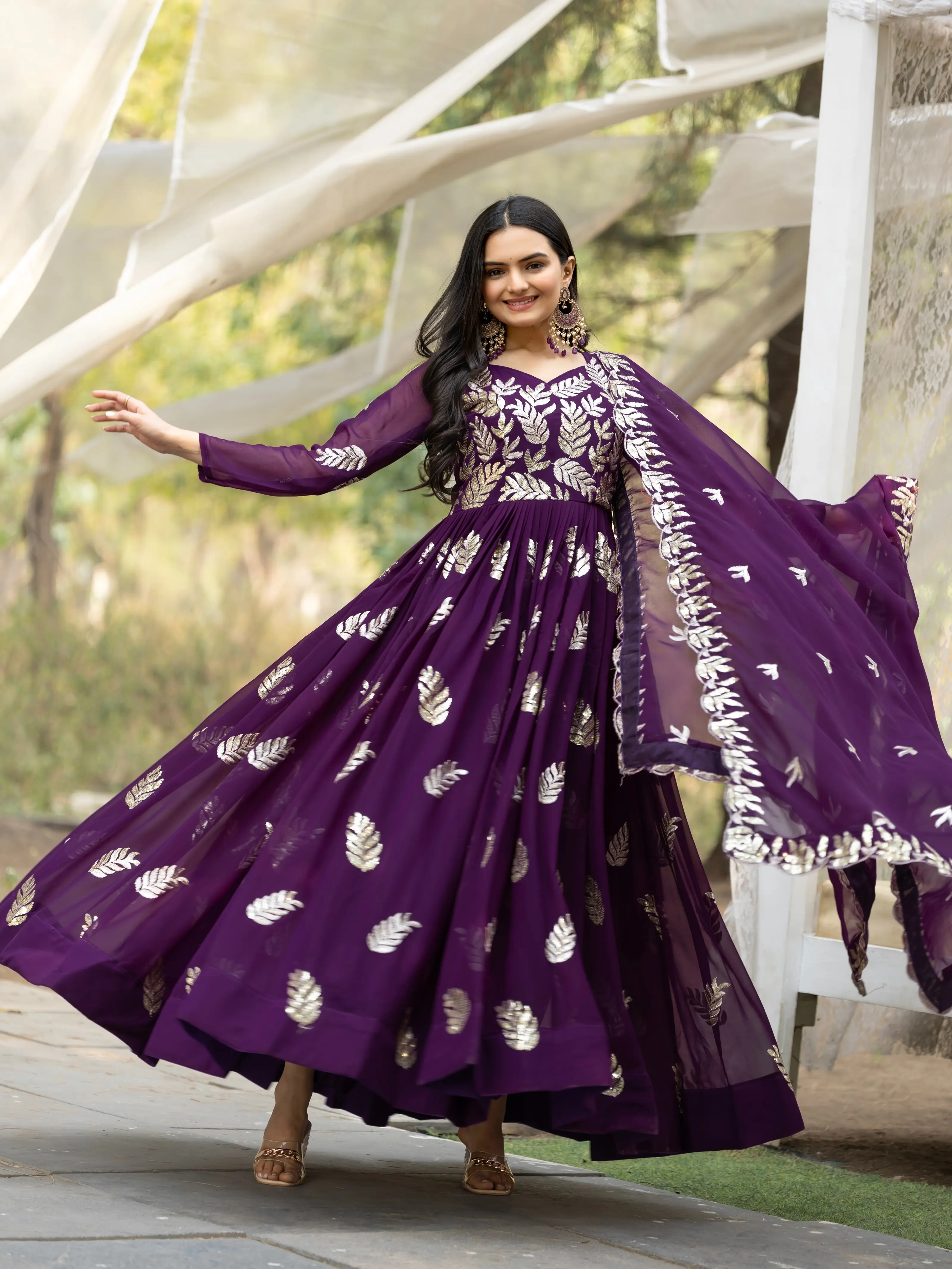 TJS Premium Purple Gown with Dupatta – Heavy Faux Georgette Fabric – Intricate Leaf Embroidery Design – Festival & Occasion Wear for All Sizes – Elegant & Stylish for Weddings & Special Events Fit Womenswear Bottom Comfortable Dupatta Elastic Elegance For