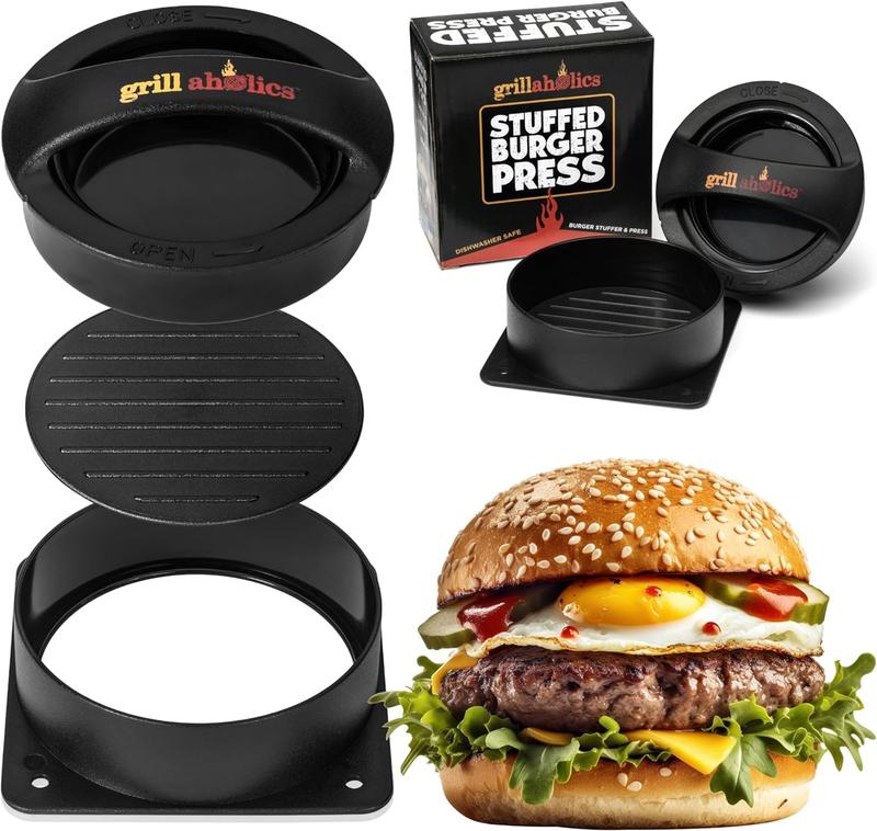 3-in-1 Burger  Stuffed Burger  and Hamburger Maker - Non Stick Hamburger Patty Maker - Make Up to Half Pound Regular and Stuffed Burgers in Seconds Kitchen Meat Plastic Sturdy Utensils Large, Small & Half Pounder Burger Mold Set burger 1