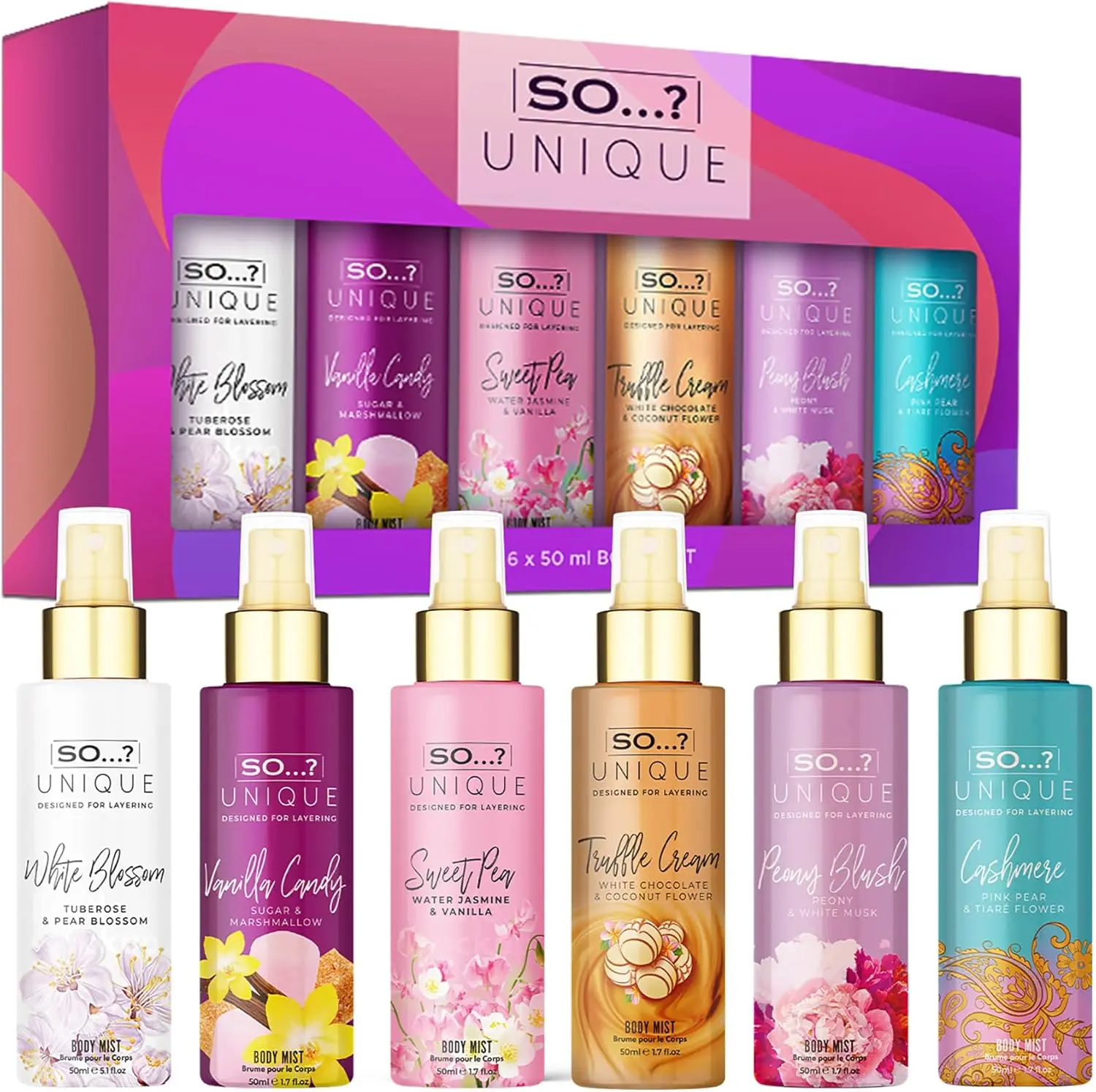 Unique Grande Womens Mini Mist Gift Set, Body Mist Fragrance Spray (6x50ml)