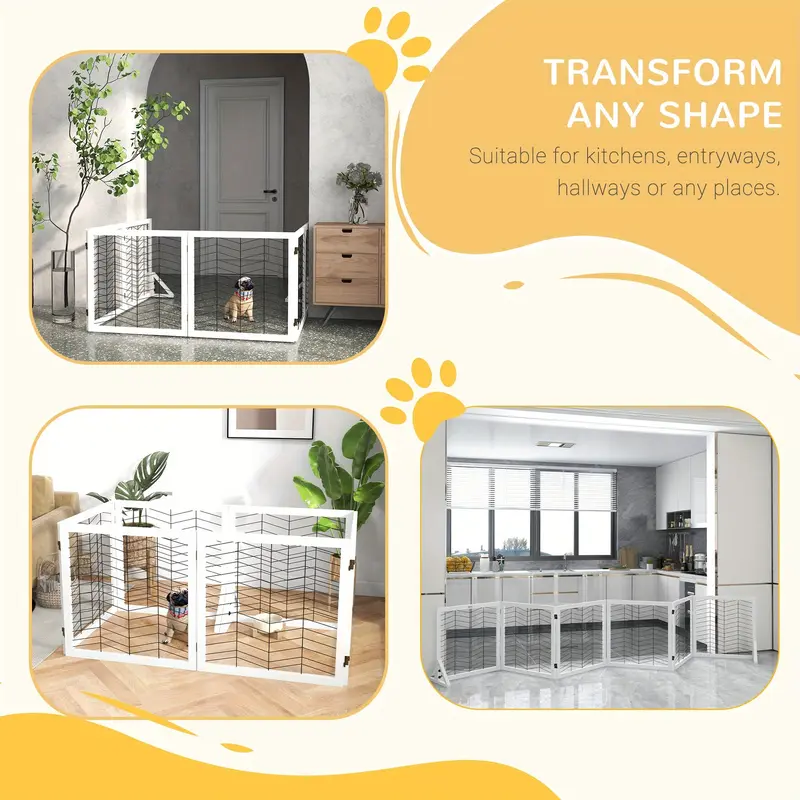 Freestanding Pet Gate, 6 Panels Dog Playpen, Foldable Dog Barrier with 2 Pcs Support Feet, for House, Doorway, Stairs, Small and Medium Dogs - White 5