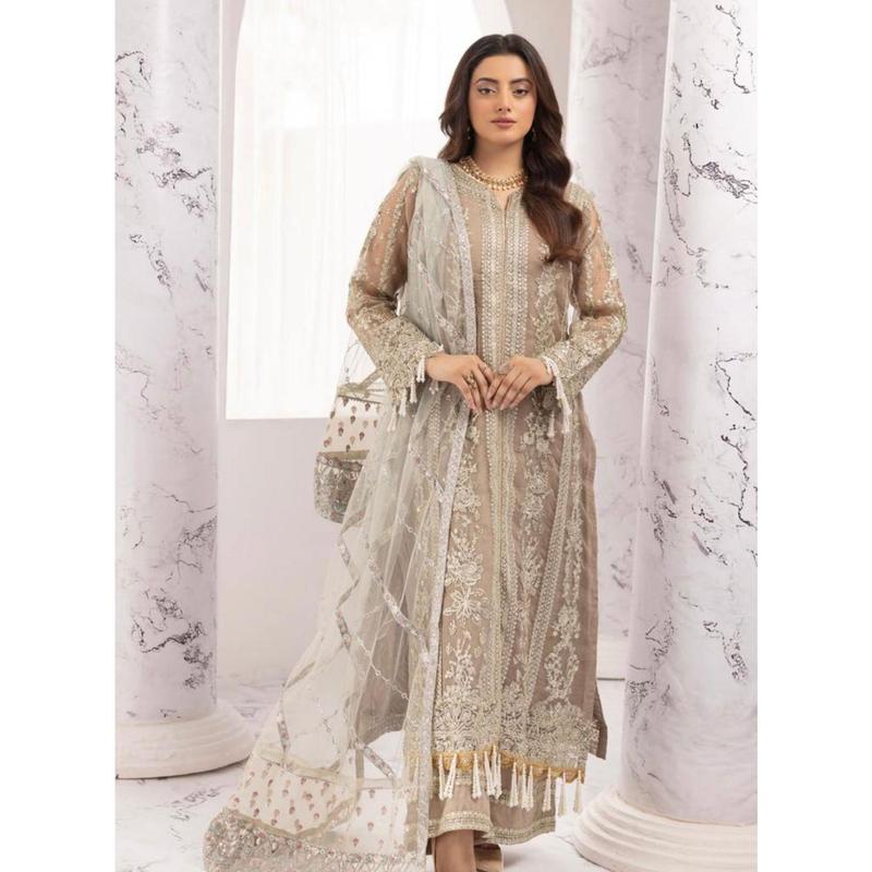 ‘Nureh Inspired’ | Embroidered Net Readymade | SM646 (Brown) 0