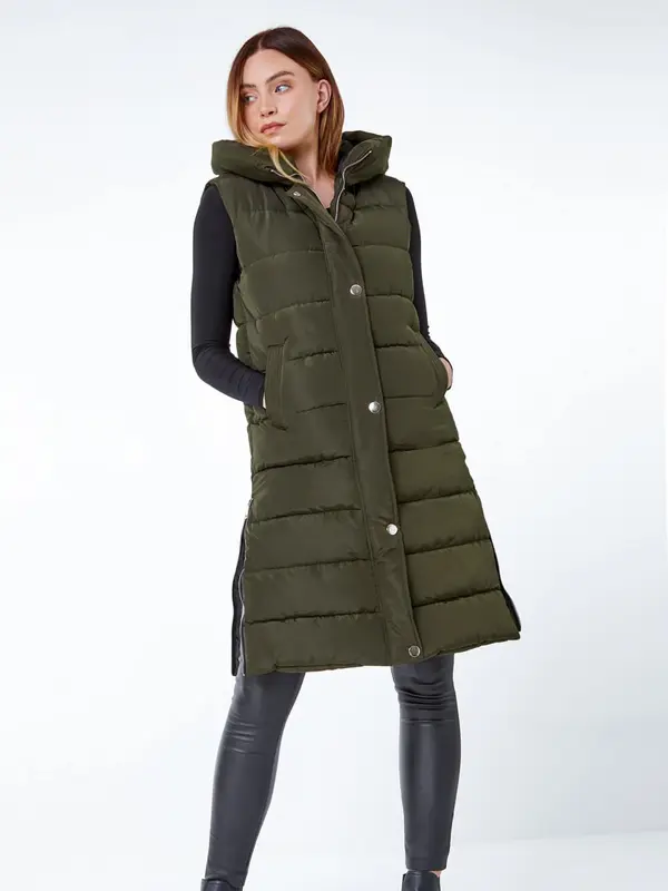 Xara. Black Khaki Chocolate Brown Baby Pink Sky Blue Cream Beige Purple Gold Apricot Winter Warmer Puffer Gilet Long Jacket Hooded Sleevless Jacket Coat Body Warmer 3