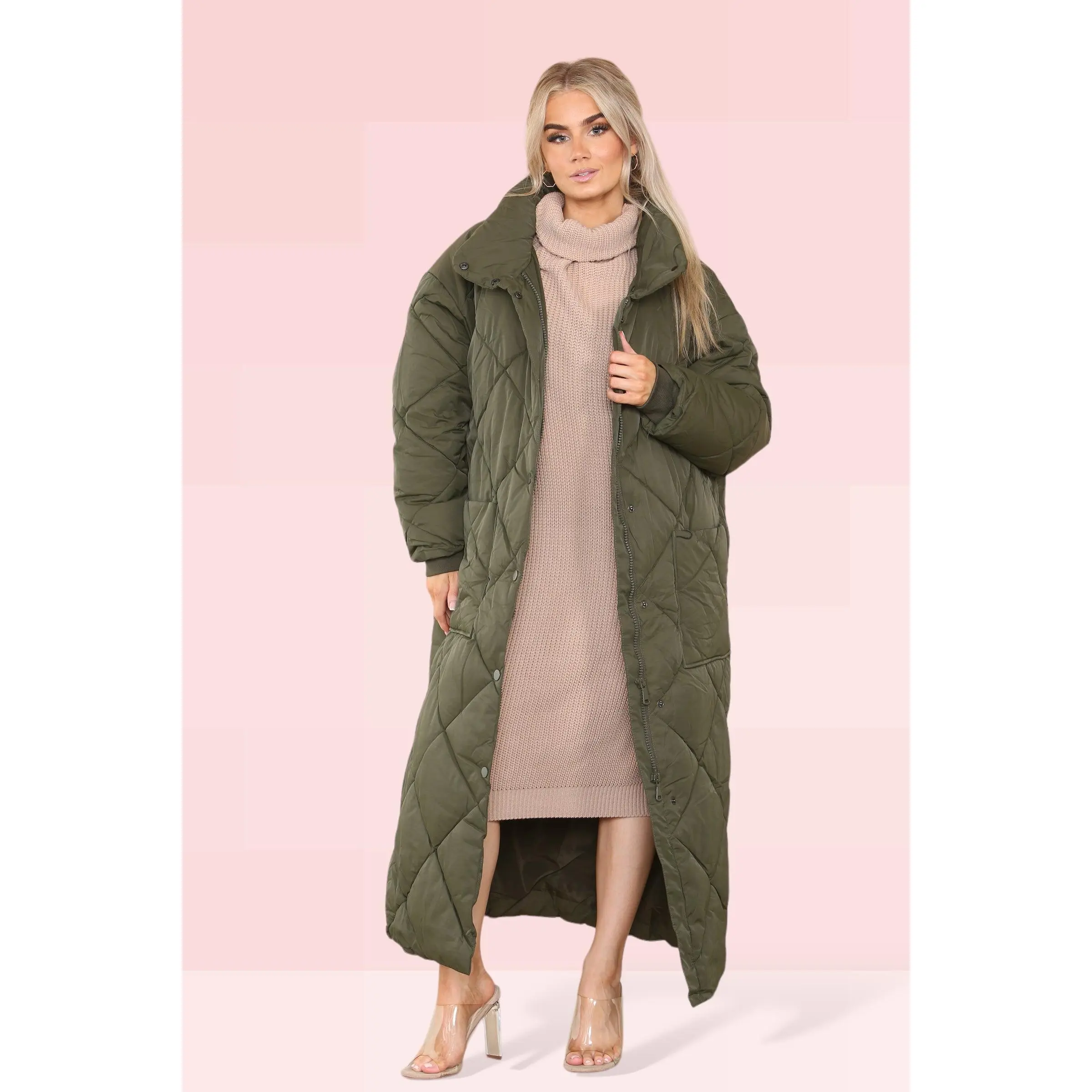 Women's Khaki Full-Length Longline Maxi Quilted Padded Coat - Warm and Comfortable Puffer Down Jacket with Pockets, Long Sleeves, Full Zip, Oversized Winter Gilet Bodywarmer Outwear Casual Womenswear Outdoor Style