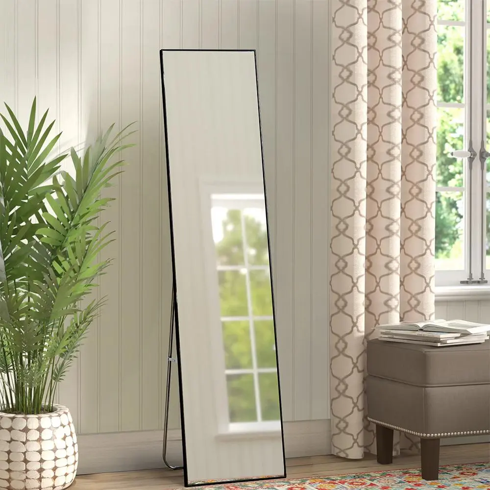 Modern 150cm Slim Black Frame Mirror – Freestanding & Wall Mounted, Full Body View Aluminium Decor Durable Rectangle Installation Glass Room length