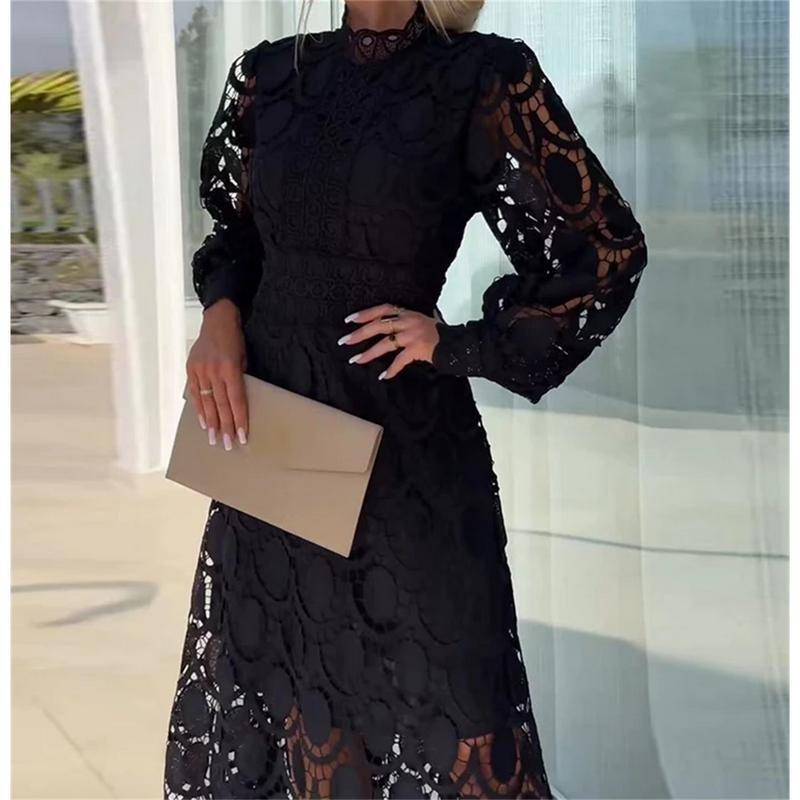 Lady Elegant New Lace Dress Stand Collar Lantern Long Sleeve Slim Vestidos Waist Temperament Fashion Office Commute Leisure Home 5