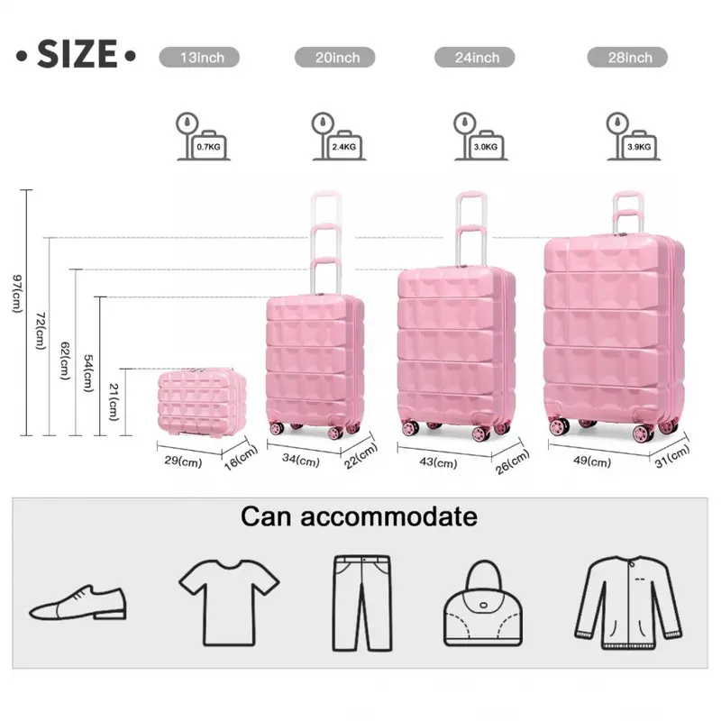 [MissLulu Bags] Waffle Design Lightweight Hard Shell ABS 20''/24''/28'' Suitcase with TSA Lock and 13'' Vanity Case - Pink 2