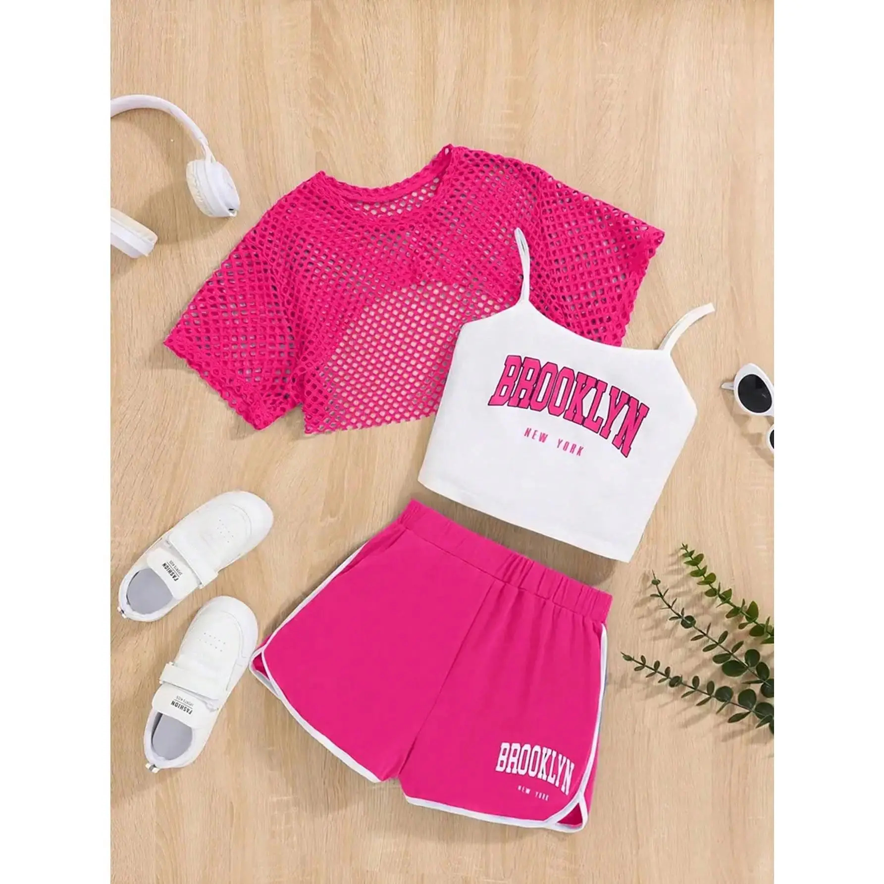 3pcs Tween Girl Summer Outdoor Outfit - Letter Print Camisole + Mesh Overlay Top + Shorts, Brooklyn Letter Print Camisole + Mesh Overlay Top + Shorts, Tween Girl 3pcs Fashion Set With Crop Top And Shorts, Brooklyn Print Casual Camisole Top, Children Sprin
