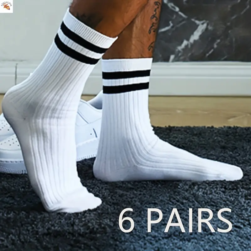 RISELDAJOR   6 Pairs of Comfy Striped Crew Socks - Soft, Breathable, Moisture-Wicking, Casual Unisex Socks for Men's Outdoor Wearing in All Seasons - Ideal for Hiking, Running, Sports, and Daily Wear