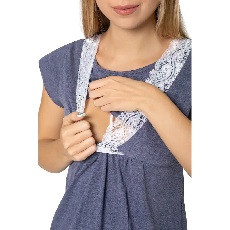 Short Sleeve V-neck Lace Detail Maternity Pregnancy Nursing Nightdress 4242n 2