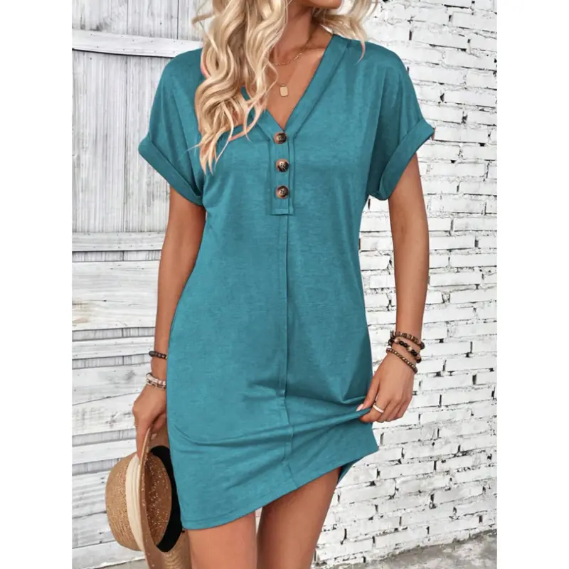 Plain Button V Neck Tee Dress for Women, Casual Comfort Shortsleeve Batwing Sleeve Short Dress for Summer, Summer Dresses 2025, Fashion Women's Dress, Birthday Dresses 2025, Wedding Guest Dress 3
