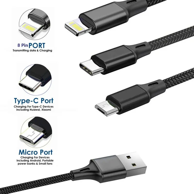 3 in 1 Fast Charging Cable With 3A Speed, Fast Charging Multi Purpose Cable, Type C Cable, Micro USB Cable And Lighting Cable In Black, Cellphone, Mobile Accessories Smartphone Charger 8