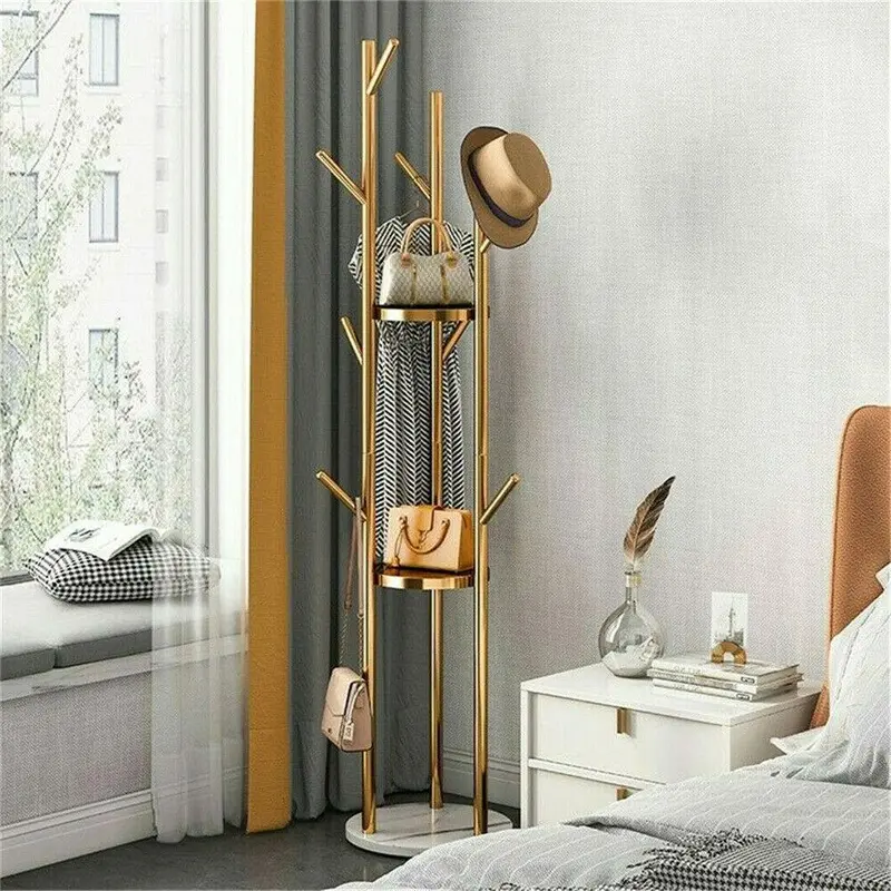 Marble Metal Coat Rack Freestanding with 3 Storage Shelves and 9 Hooks, Enterway Hall Tree for Hanging Coats, Jackets, Hats, Bag Hanger Organiser Hangable Room Installation 0
