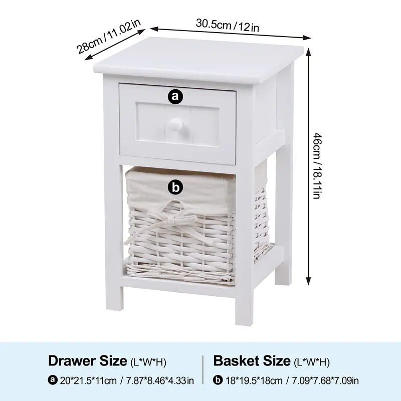 Joolihome Bedside Tables Set of 2,Bedside Cabinet,White 1 Drawer 1 Basket Nightstands for Bedroom,Living Room,Narrow Side Tables 2