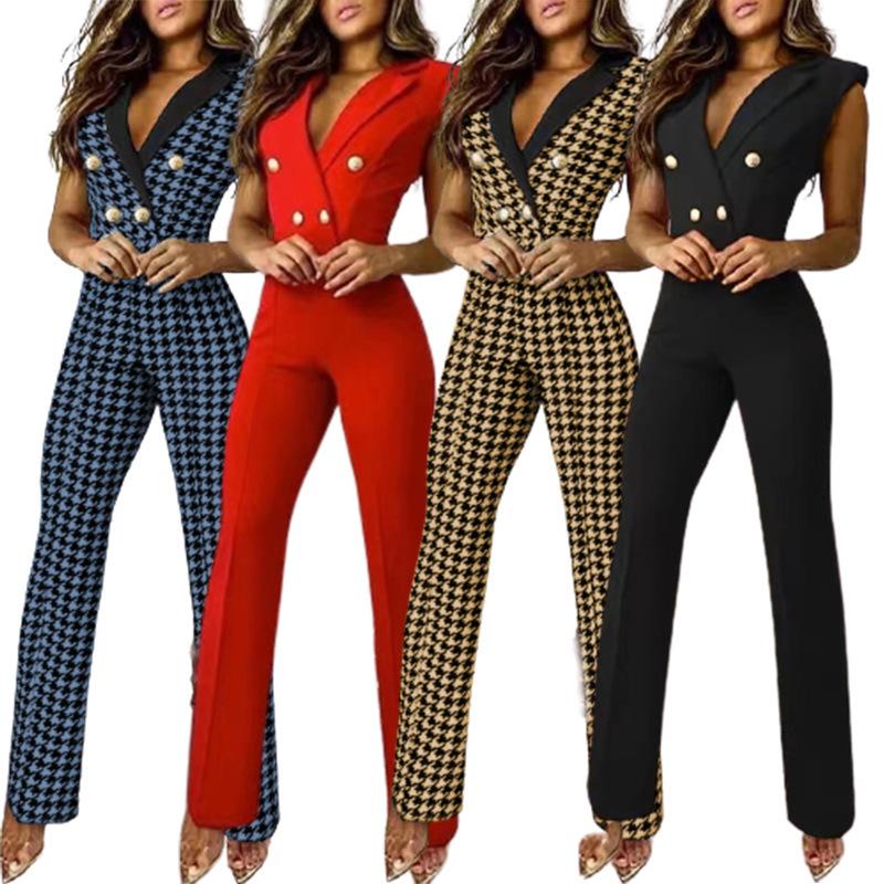 2024 New Elegant Women Plaid Jumpsuit Onepieces Y2K Chic Office Lady Summer Sleeveless V Neck High Waist Button Romper Overalls 4